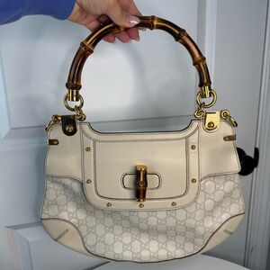 Gucci GG Canvas Bamboo Handle Shoulder Bag Cream Leather Trim Gold Hardware